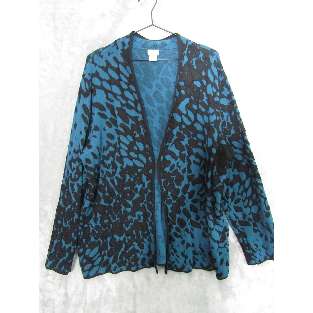 Chico's Open Front Cardigan Womens XL‎ Teal Black Good Animal Print Hook Eye